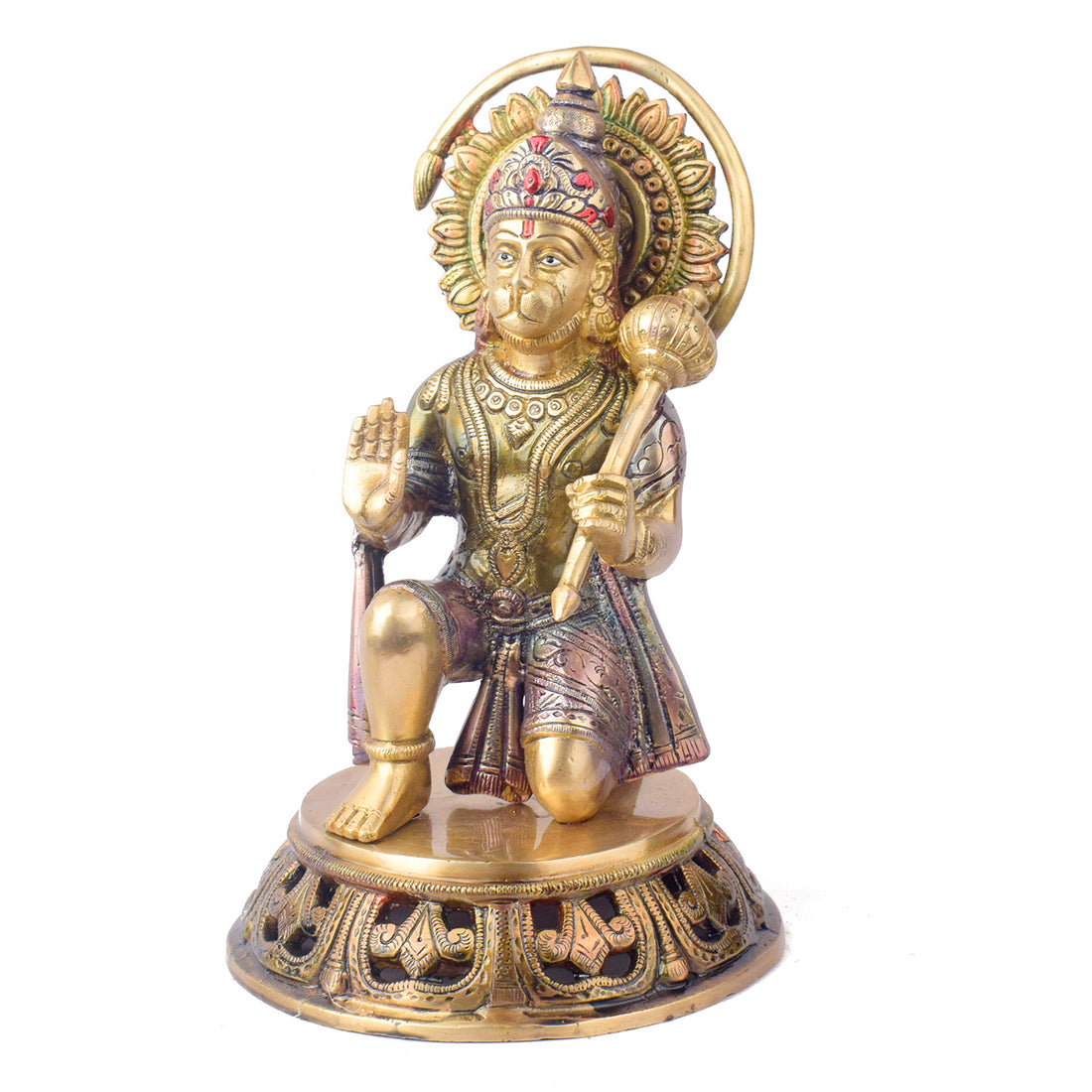 The "10.6 Inch Brass Hanuman Idol โ Protector of Courage and Faith" is a stunningly detailed representation of Lord Hanuman, the embodiment of strength, devotion, and unwavering courage.