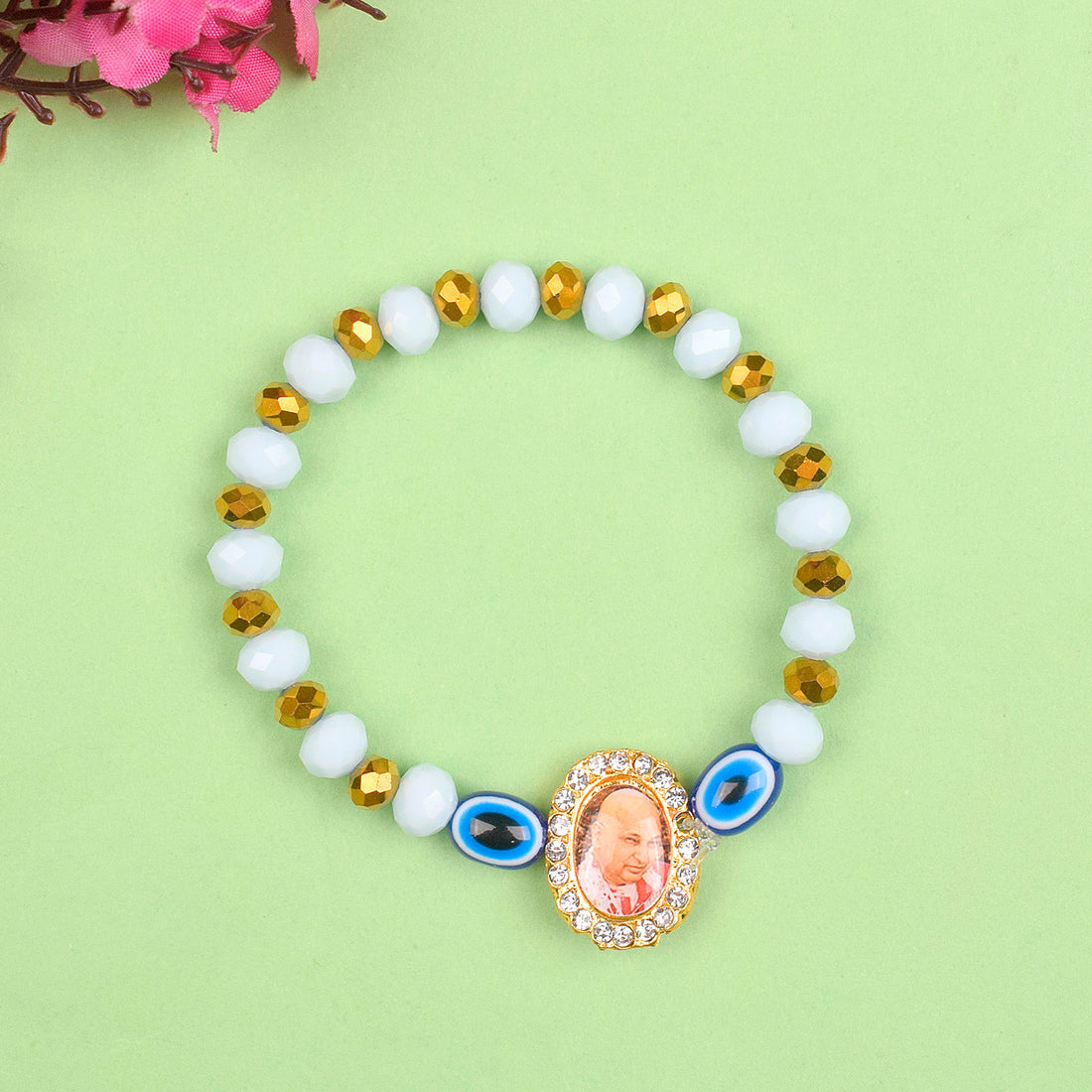 White Evil Eye Beads Bracelet with Jai Guruji Swaroop Handmade Bracelets for Men and Women