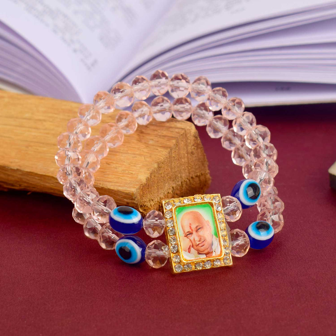 Jai Guruji Swaroop Bracelet – Pink Beads with Evil Eye Charm