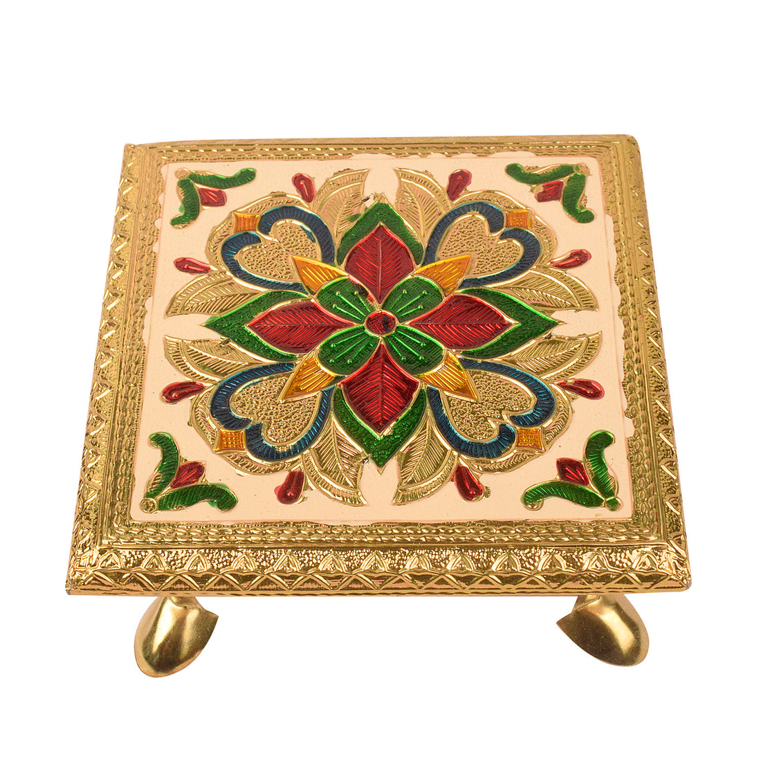 Elegantly Crafted Wooden Chowki with Enchanting Meenakari and Floral Embellishments