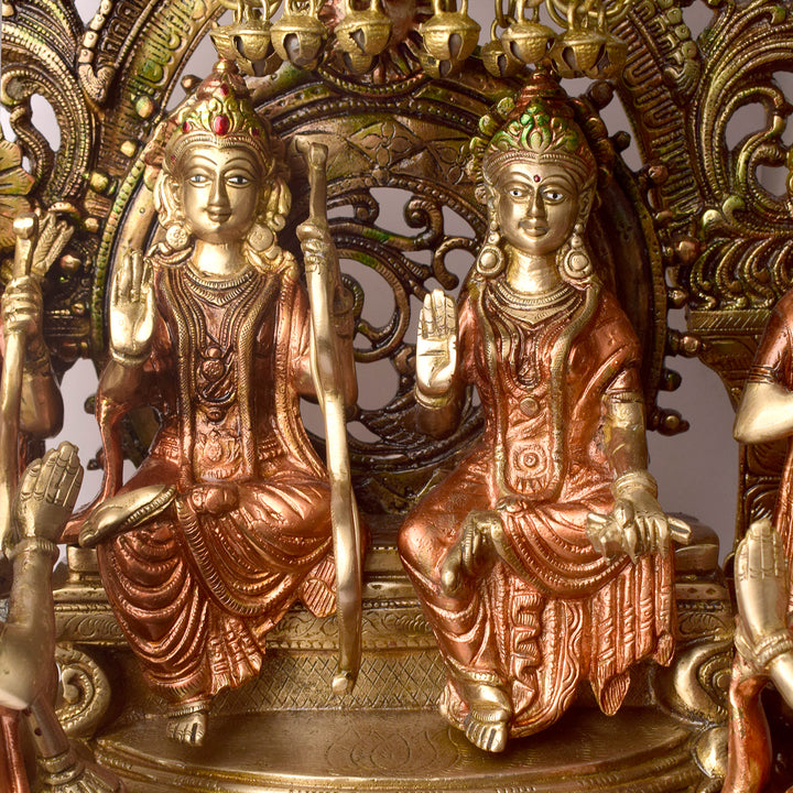 Large Brass Idol of 23 Inch Elegant Brass Ram Darbar Idol. This Elegant Brass Ram Darbar Idol beautifully captures the essence of divinity and royalty. Crafted with intricate detailing, it showcases Lord Ram in a regal pose, symbolizing strength, devotion, and grace.