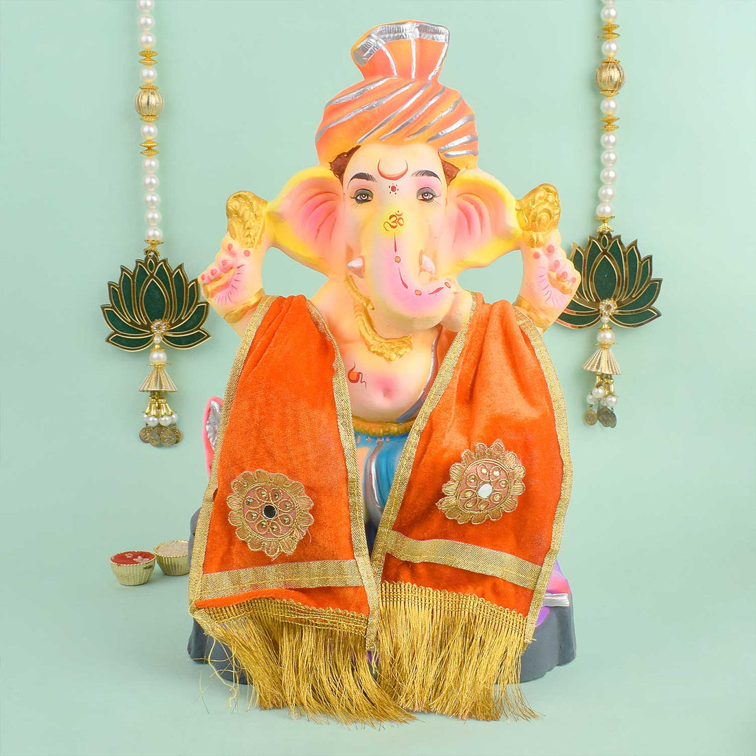 Decorative Orange Ganpati Idol Patka with Gold Border
