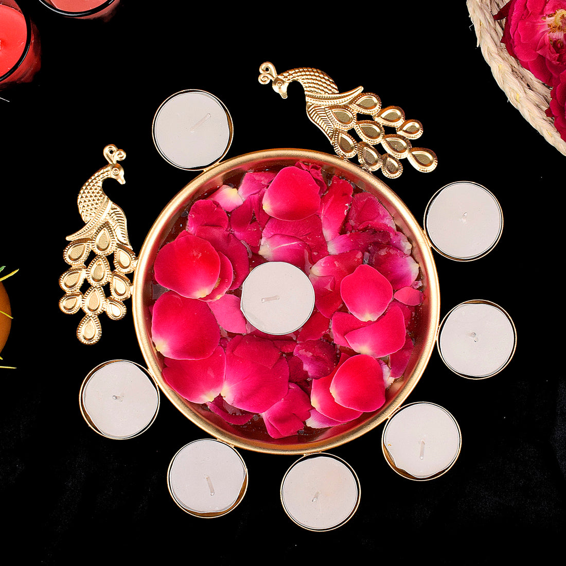 Decorative Metal Peacock Flower Urli with Tea Light