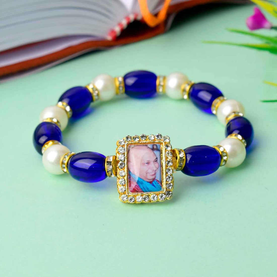 Elegant Guruji Swaroop Bracelet – Blue & White Pearls