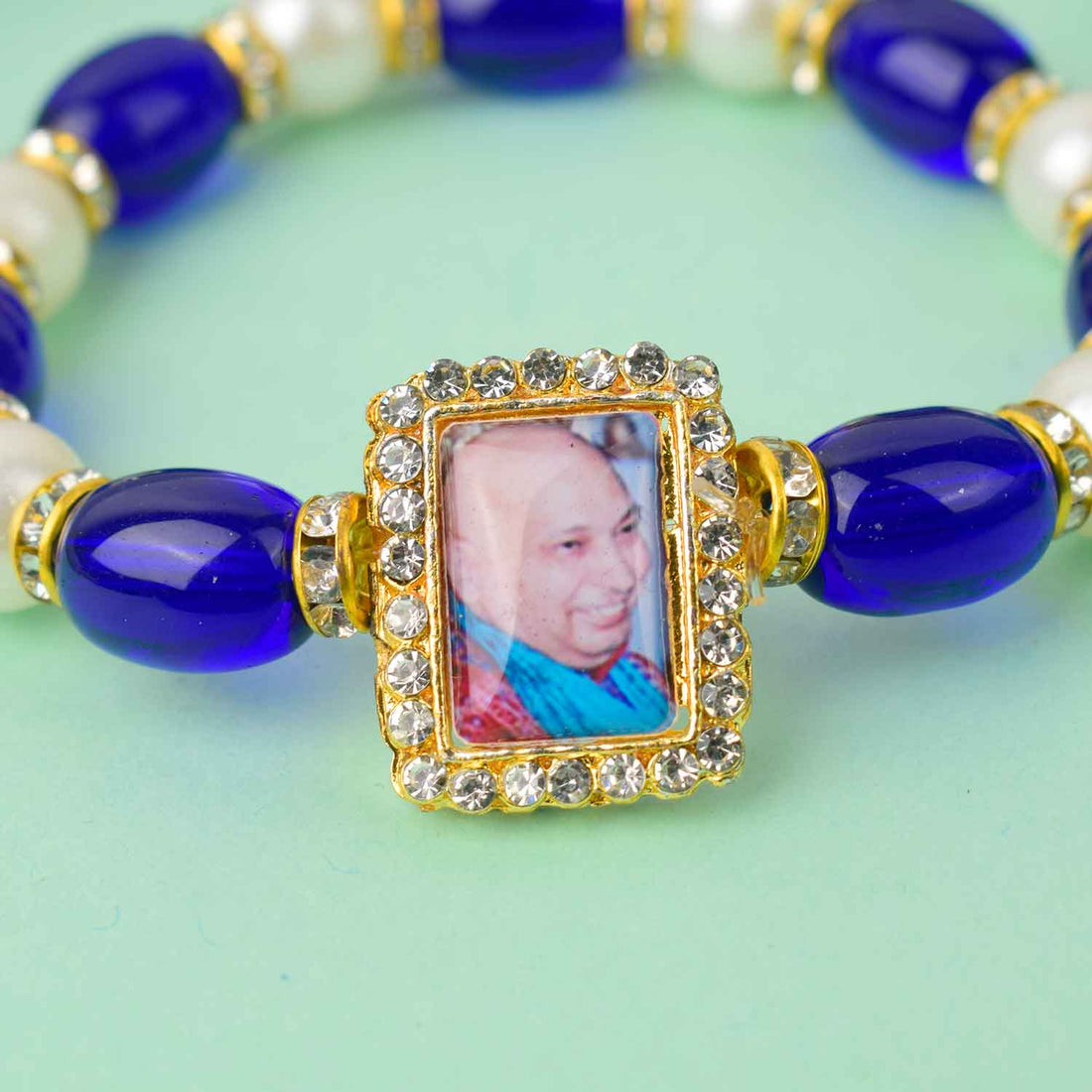 Elegant Guruji Swaroop Bracelet – Blue & White Pearls
