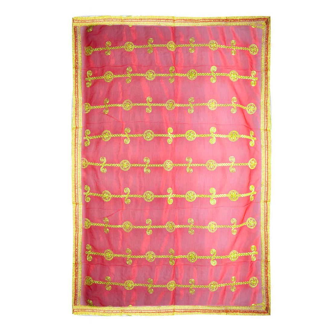 Beautiful Mata Ki Chunri with intricate golden embroidery in vertical patterns, featuring floral and swirl motifs. Measuring 225 cm (89 inches) in length and 104 cm (41 inches) in height, this Chunri is perfect for Devi puja, temple offerings, and festive occasions like Navratri and Durga Puja. The shimmering golden border enhances its divine appeal.
Shop Big Size Mata Ki Chunri, Devi Chunri for Puja, and more at Satvik Store. An ideal offering for temple rituals and sacred ceremonies