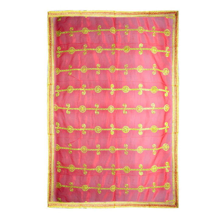 Beautiful Mata Ki Chunri with intricate golden embroidery in vertical patterns, featuring floral and swirl motifs. Measuring 225 cm (89 inches) in length and 104 cm (41 inches) in height, this Chunri is perfect for Devi puja, temple offerings, and festive occasions like Navratri and Durga Puja. The shimmering golden border enhances its divine appeal.
Shop Big Size Mata Ki Chunri, Devi Chunri for Puja, and more at Satvik Store. An ideal offering for temple rituals and sacred ceremonies