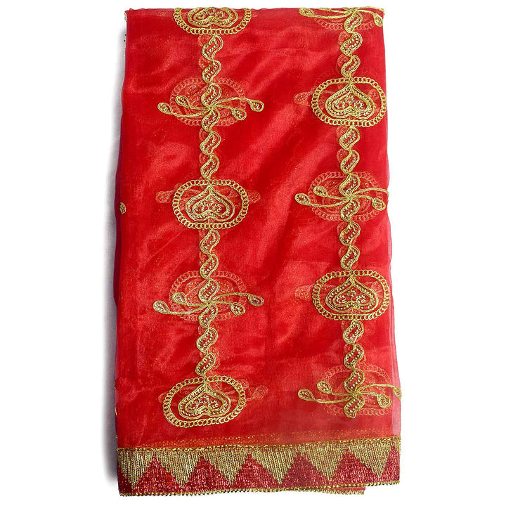 Premium Mata Ki Chunri with golden embroidered vertical patterns featuring traditional floral and swirl designs. This Chunri measures 216 cm (85 inches) in length and 100 cm (39 inches) in height, making it ideal for Devi Puja, temple offerings, and festive celebrations like Navratri and Durga Puja. The rich golden border enhances its elegance and sacred significance.
Shop Big Size Mata Ki Chunri, Devi Chunri for Puja, and more at Satvik Store. A perfect offering for temple rituals and religious ceremonies