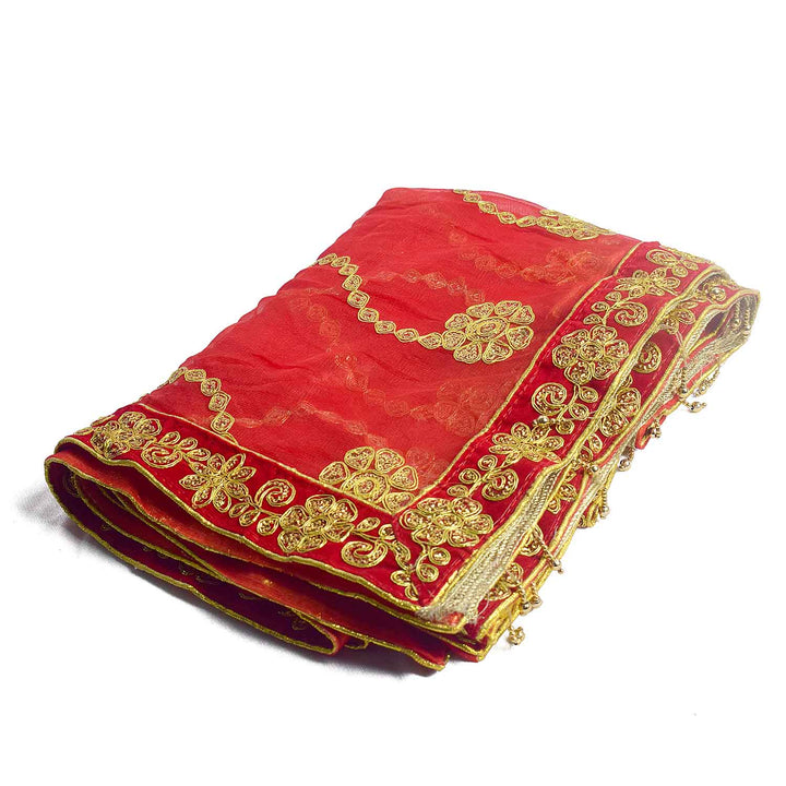 Elegant Mata Ki Chunri featuring intricate golden wave-like embroidery, perfect for Devi Puja, temple offerings, and religious ceremonies. Measuring 214 cm (84 inches) in length and 103 cm (40.5 inches) in height, this Chunri is crafted from high-quality fabric with ornate gold detailing. Ideal for Navratri, Durga Puja, and festive decorations.
Shop Designer Mata Ki Chunri, Traditional Devi Chunri, and more at Satvik Store for authentic spiritual products.