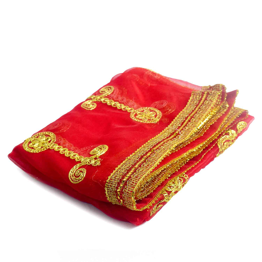 Beautiful Mata Ki Chunri with intricate golden embroidery in vertical patterns, featuring floral and swirl motifs. Measuring 225 cm (89 inches) in length and 104 cm (41 inches) in height, this Chunri is perfect for Devi puja, temple offerings, and festive occasions like Navratri and Durga Puja. The shimmering golden border enhances its divine appeal.
Shop Big Size Mata Ki Chunri, Devi Chunri for Puja, and more at Satvik Store. An ideal offering for temple rituals and sacred ceremonies