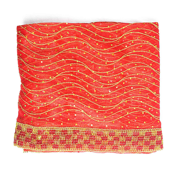 Traditional Mata Ki Chunri in red and gold, measuring 214 cm (84 inches) in length and 104 cm (41 inches) in height. Designed with intricate golden embroidery and a decorative border, this auspicious dupatta is ideal for pooja rituals, temple offerings, and festive occasions. Available at Satvik Store.
