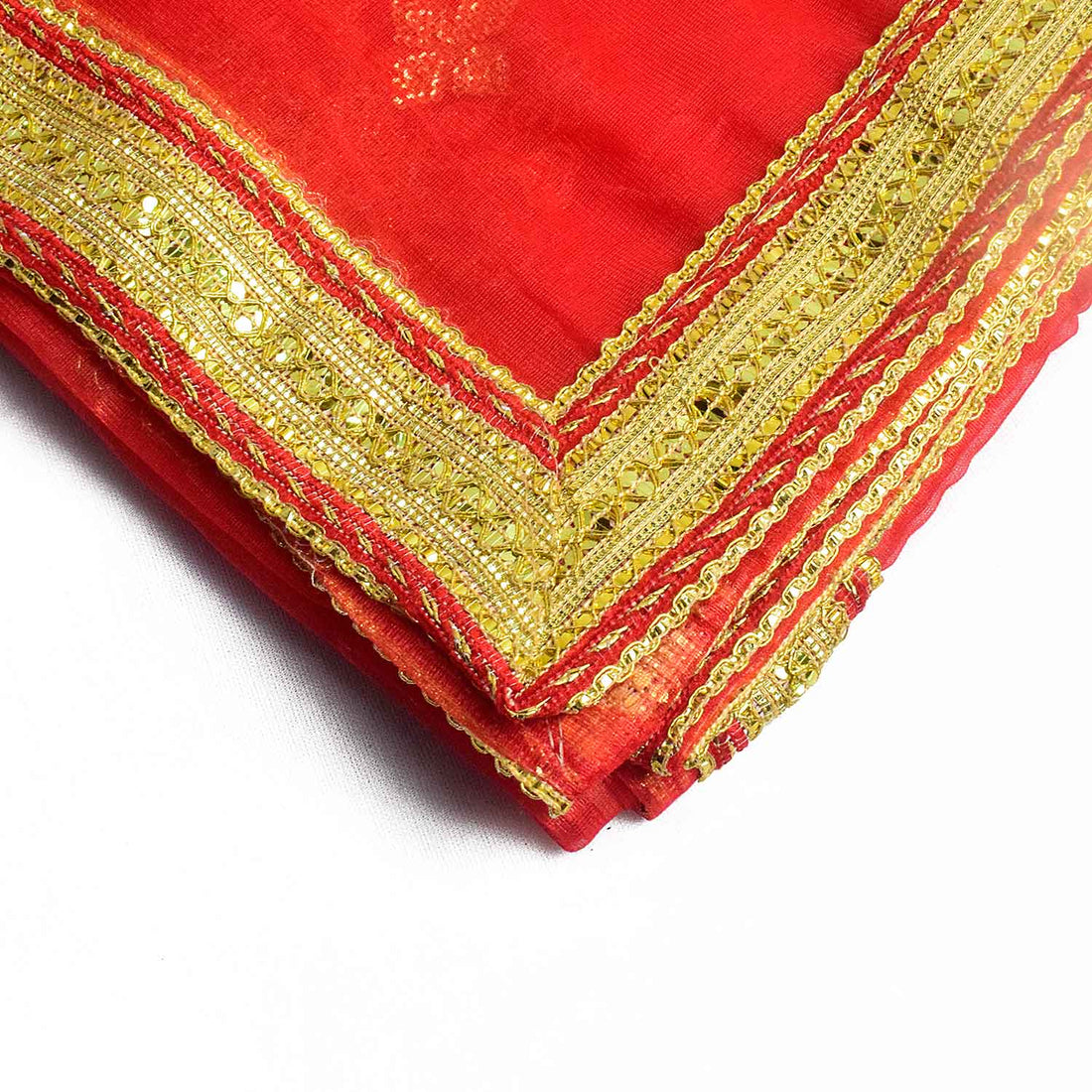Sacred Mata Ki Chunri in red and gold, measuring 214 cm (84 inches) in length and 110 cm (43 inches) in height. This divine dupatta showcases an elegant design with golden floral circular motifs and small diamond-shaped patterns, representing spirituality and devotion. The shimmering fabric is enhanced with a rich golden border, making it perfect for pooja rituals, temple offerings, and festive celebrations.
Shop Matarani Ki Chunri, Mata Ki Chunni Online, and Big Size Chunni Online at Satvik Store. Get hig