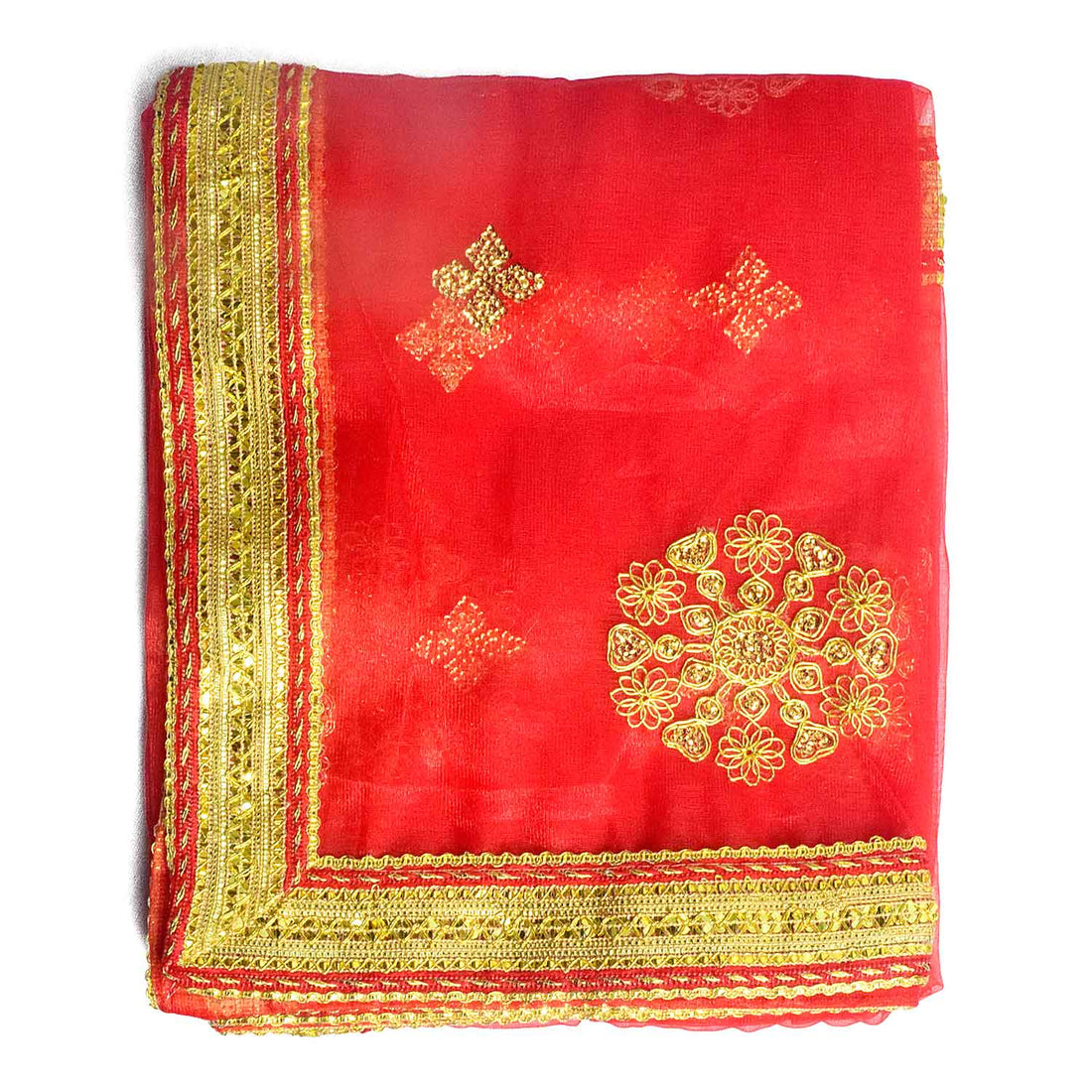 Sacred Mata Ki Chunri in red and gold, measuring 214 cm (84 inches) in length and 110 cm (43 inches) in height. This divine dupatta showcases an elegant design with golden floral circular motifs and small diamond-shaped patterns, representing spirituality and devotion. The shimmering fabric is enhanced with a rich golden border, making it perfect for pooja rituals, temple offerings, and festive celebrations.
Shop Matarani Ki Chunri, Mata Ki Chunni Online, and Big Size Chunni Online at Satvik Store. Get hig