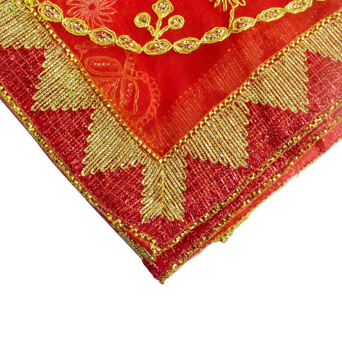 Divine Mata Ki Chunri in a striking red-pink shade, adorned with intricate golden embroidery featuring symmetrical floral and chain motifs. Measuring 220 cm (87 inches) in length and 103 cm (40 inches) in height, this Chunri is ideal for Mata Rani’s Prasad, temple offerings, and Devi puja during Navratri. The border showcases a traditional golden triangular pattern, adding a regal touch.
Shop Matarani Ki Chunri, Mata Ki Chunni Online, Mata Ki Chunni Big Size, and more at Satvik Store. Discover the perfect