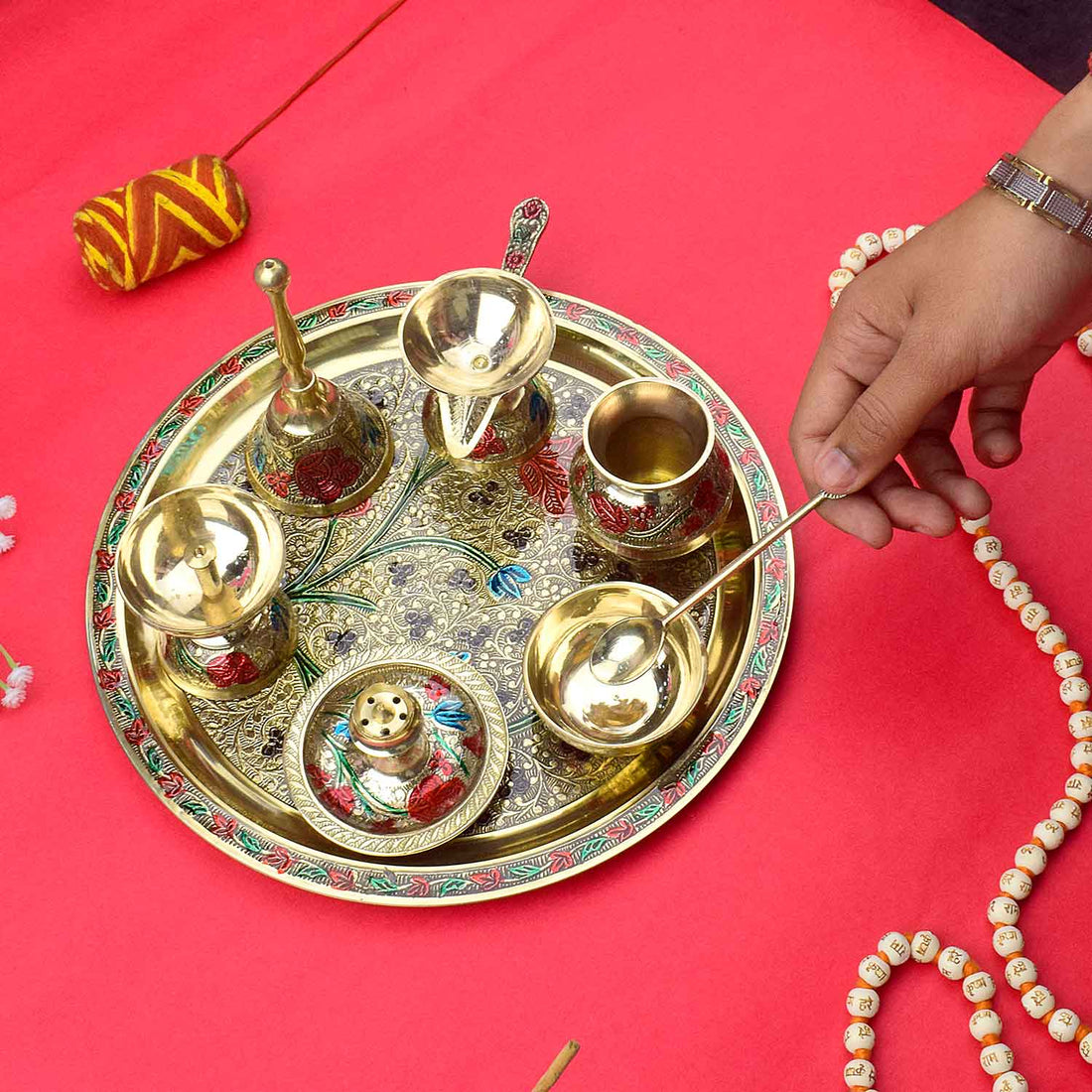 Ravishing 8 Pc Brass Puja Thali Set with Premium Velvet Box (10 Inch)