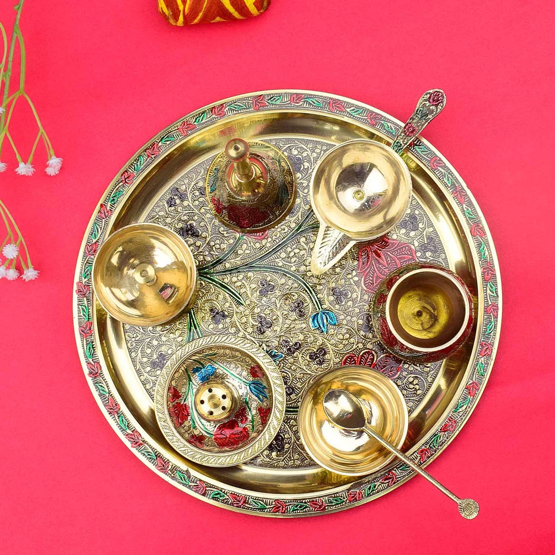 Ravishing 8 Pc Brass Puja Thali Set with Premium Velvet Box (10 Inch)