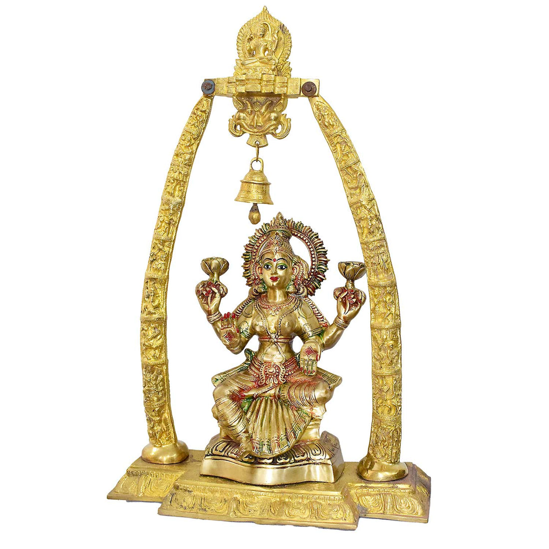 34 Inch Dhan Lakshmi on Mandap with Ghanti - Kanchan Kamala Devi Brass Murti