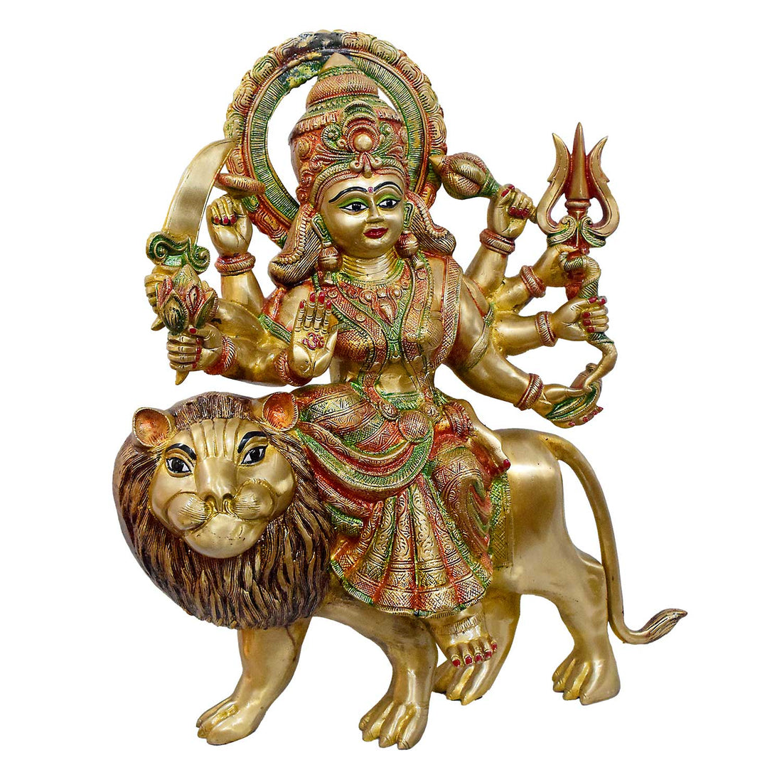23 Inch Intricate Brass Durga Statue on Lion - Multi-Armed Goddess Idol