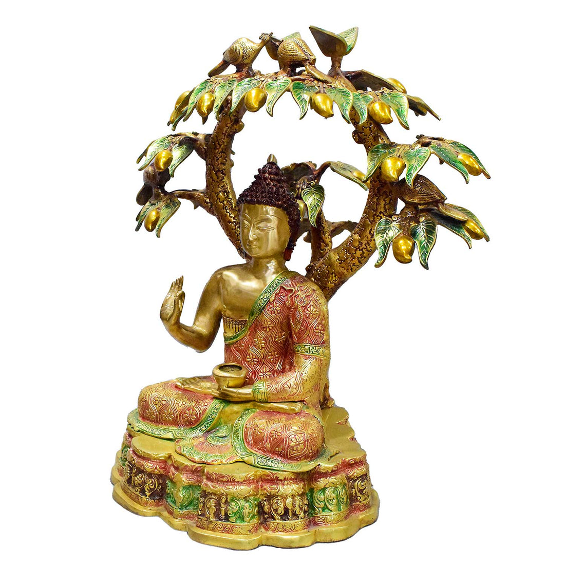 30 Inch Large Brass Buddha Under Mango Tree with Birds Statue