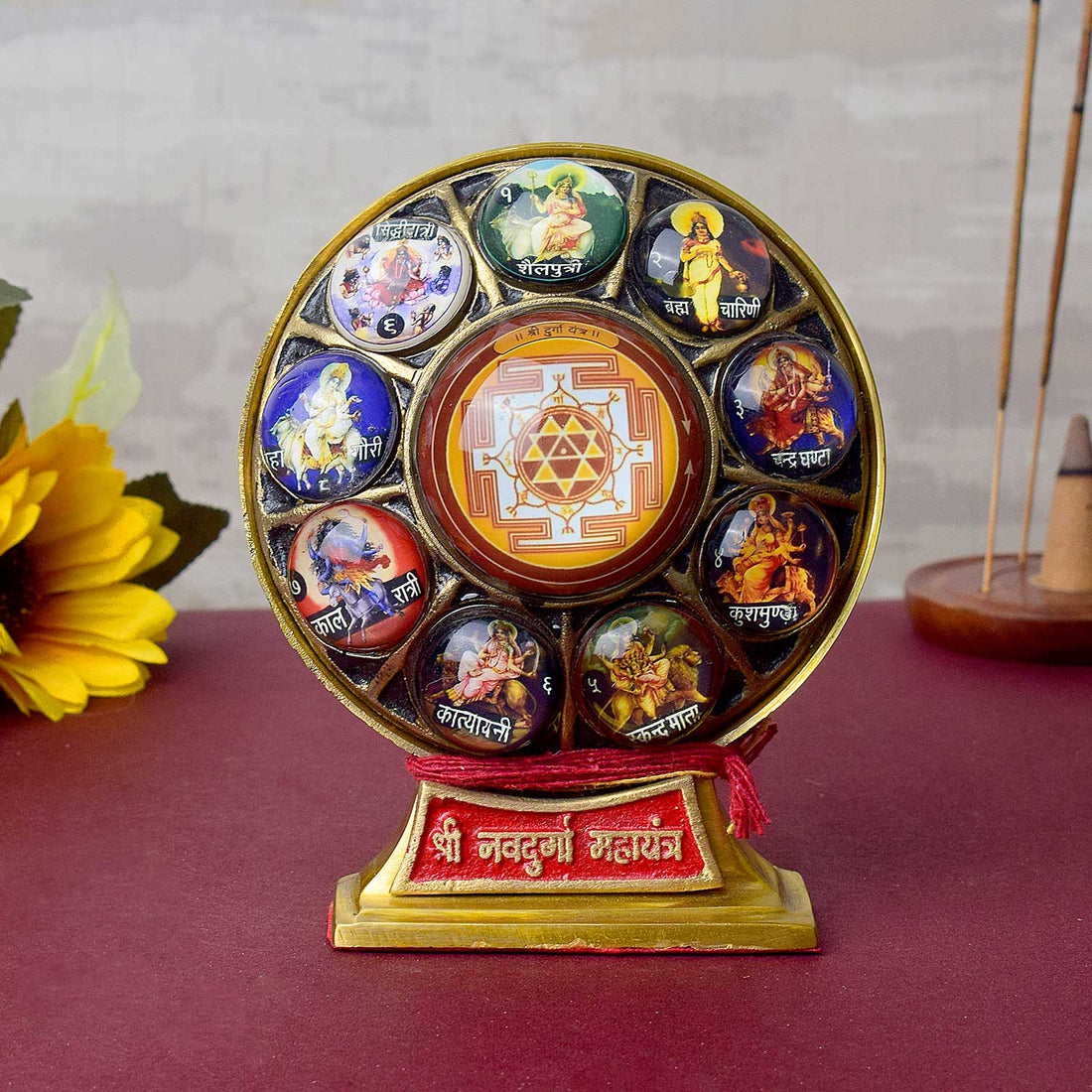 Brass Shri Navdurga Maha Yantra engraved with the nine divine forms of Maa Durga—crafted to channel protection, strength, and spiritual power into your home or sacred space. India’s Largest Pooja Accessories Brand - www.satvikstore.in