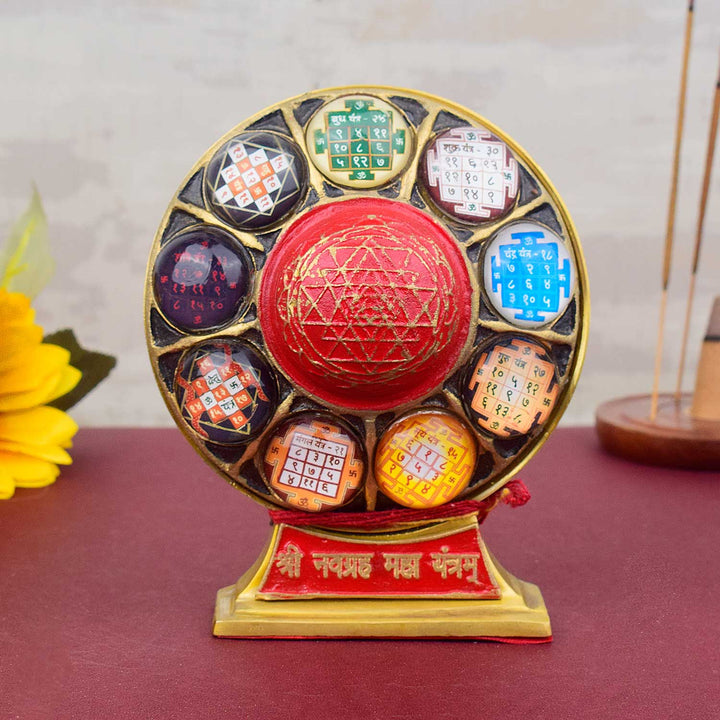 Brass Shri Navgrah Maha Yantra featuring detailed engravings of the nine planets—designed to balance planetary energies, reduce doshas, and bring spiritual and material harmony. India’s Largest Pooja Accessories Brand - www.satvikstore.in