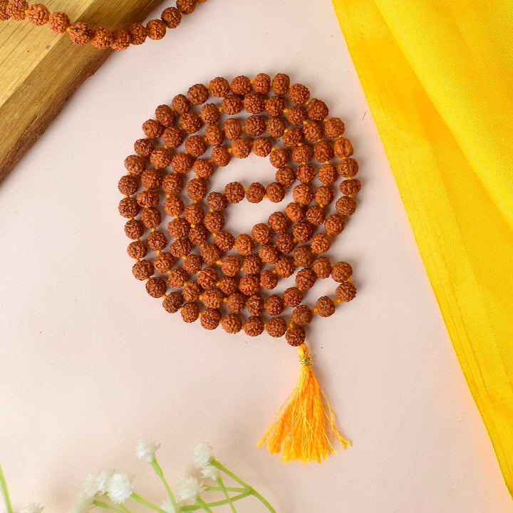 Certified brown Rudraksha mala for mantra chanting, meditation, and spiritual healing. India’s Premium Rudraksha Jap Mala Store- www.satvikstore.in