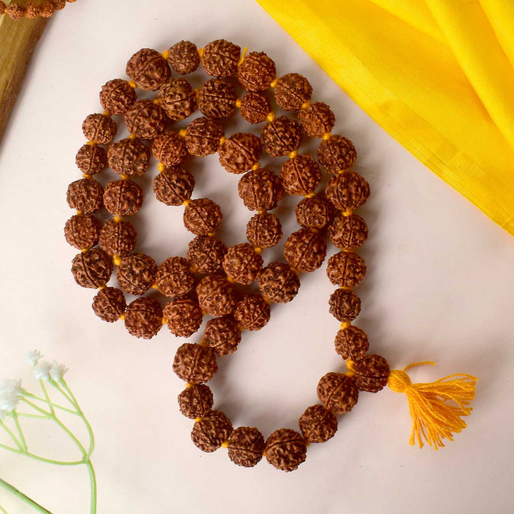 Certified 54 Dana Kantha Rudraksha Mala with dark brown natural beads, used for meditation, chanting, and spiritual healing. India’s Premium Rudraksha Jap Mala Store- www.satvikstore.in