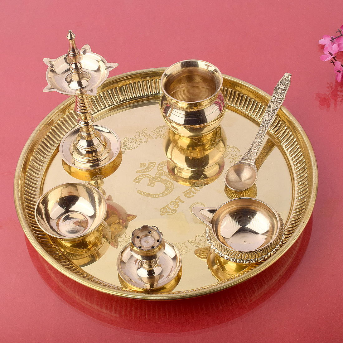 7 Piece Brass Om Shubh Labh Pooja Thali Set (9 Inch - 10 Inch) Design 5