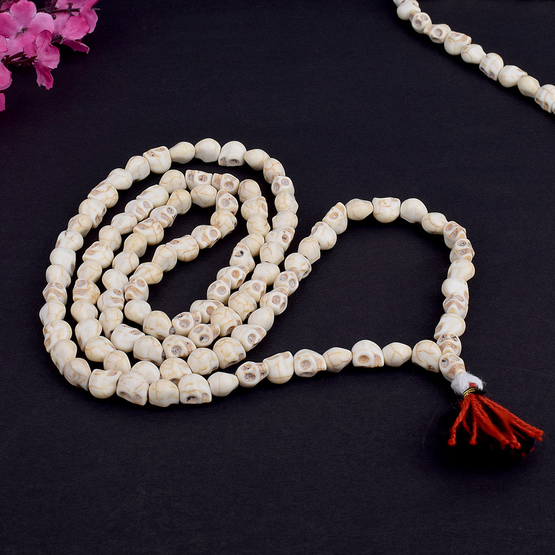 Narmunda Jaap Mala (Skull Mala) featuring intricately carved skull-shaped beads, used in tantric practices, meditation, and spiritual rituals. India’s Premium Jap Mala Store - www.satvikstore.in
