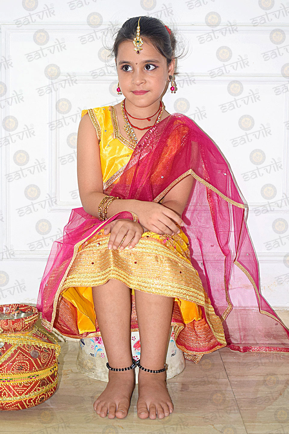 Yellow Radha Dress – Satin & Net Lehenga with Embroidery