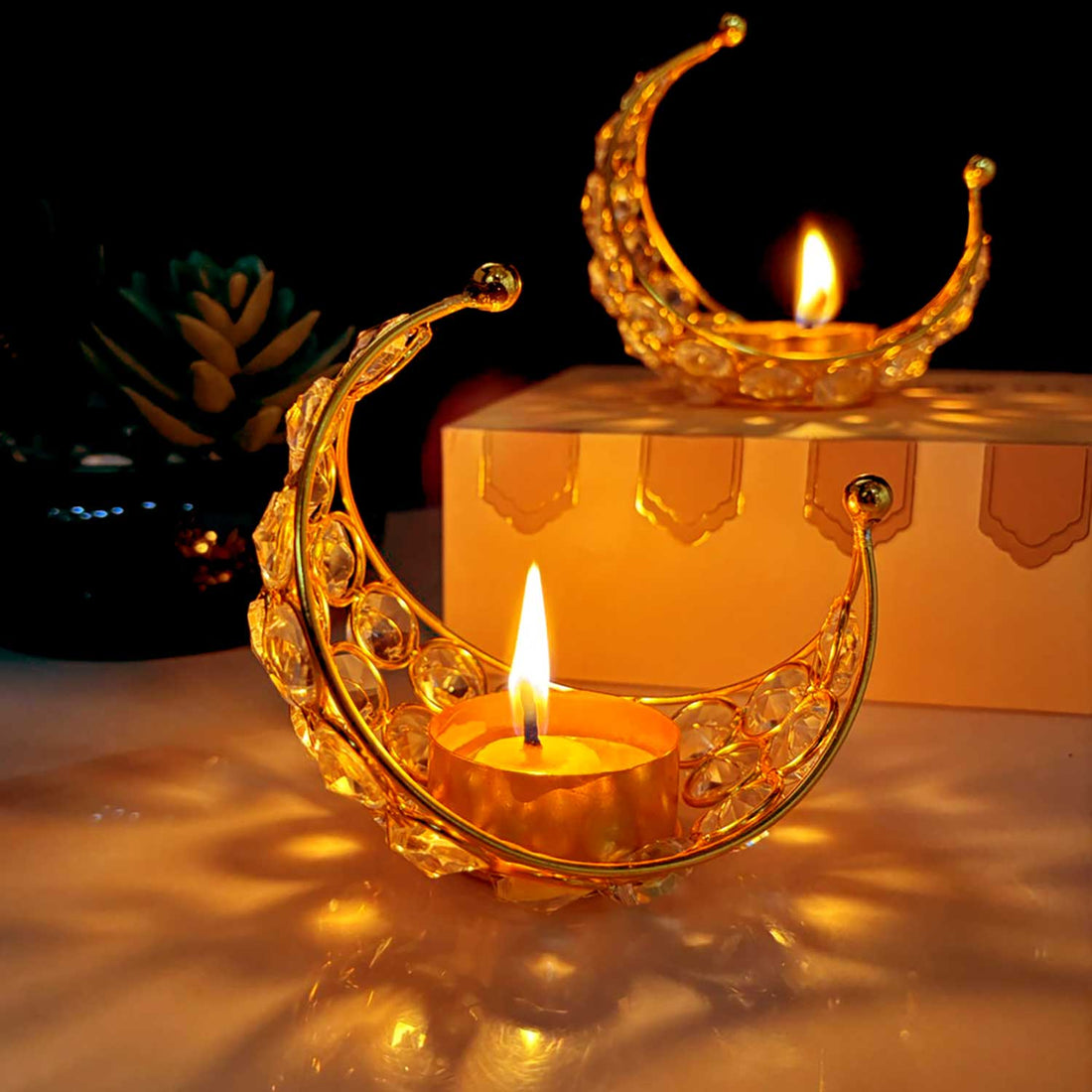 Pure Brass Moon Crystal Diya Pack of 2