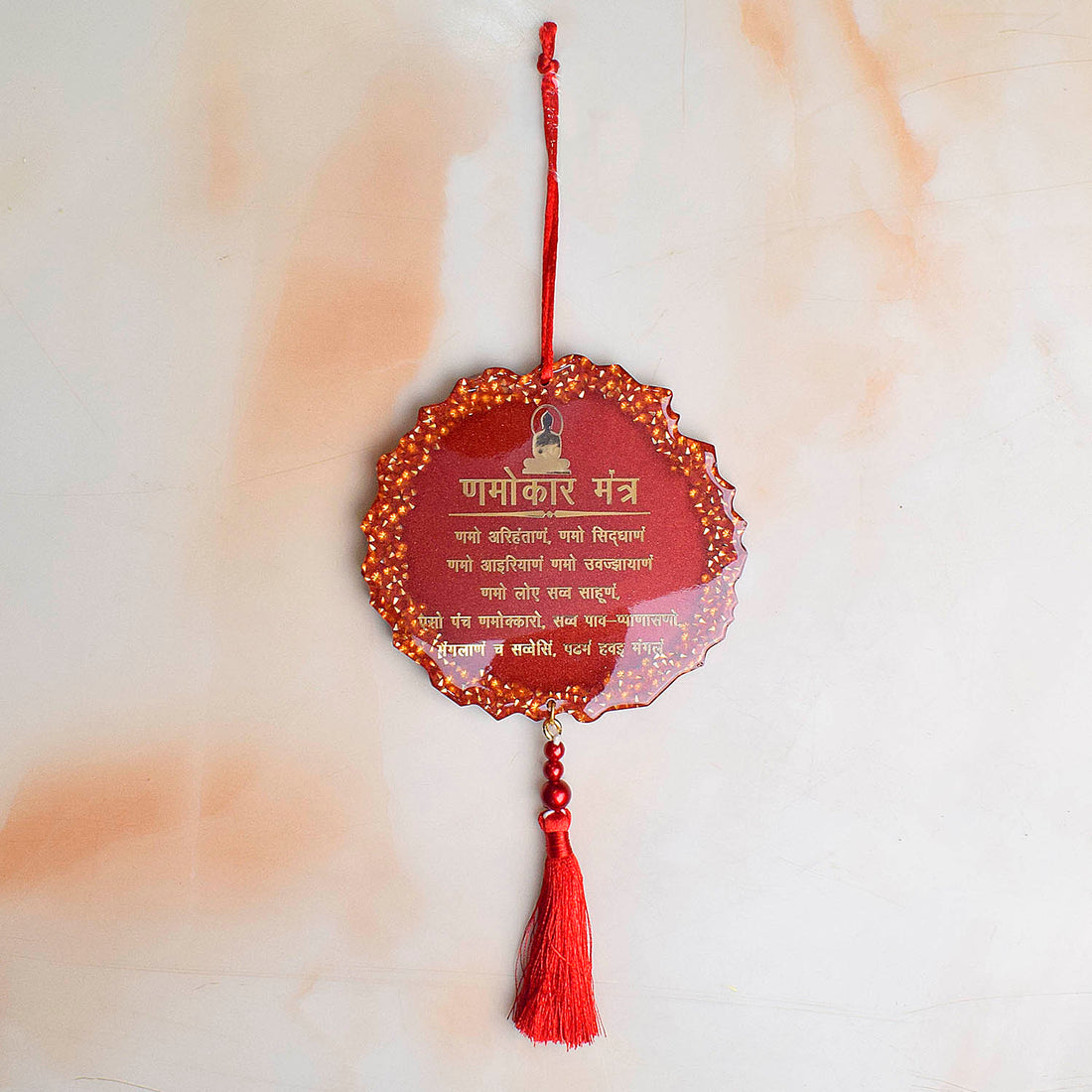 Decorative Epoxy/Resin Gayatri Mantra Red Frame Car/Wall Hanging – Elegant red-framed hanging featuring the powerful Gayatri Mantra, perfect for spiritual protection and home décor. India’s Largest Pooja Accessories Brand – www.satvikstore.in