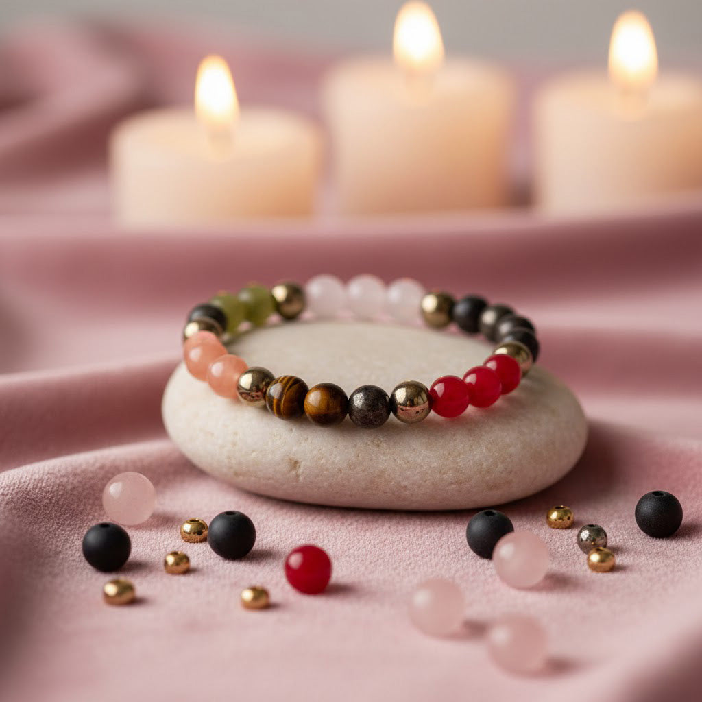 Dhan Vridhi natural stone beaded healing bracelet with 8mm multicolor beads. India’s Largest Pooja Accessories Brand - www.satvikstore.in