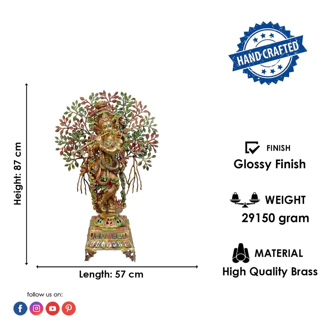 34 Inch Large Brass Krishna Under Kalpavriksha Tree Statue