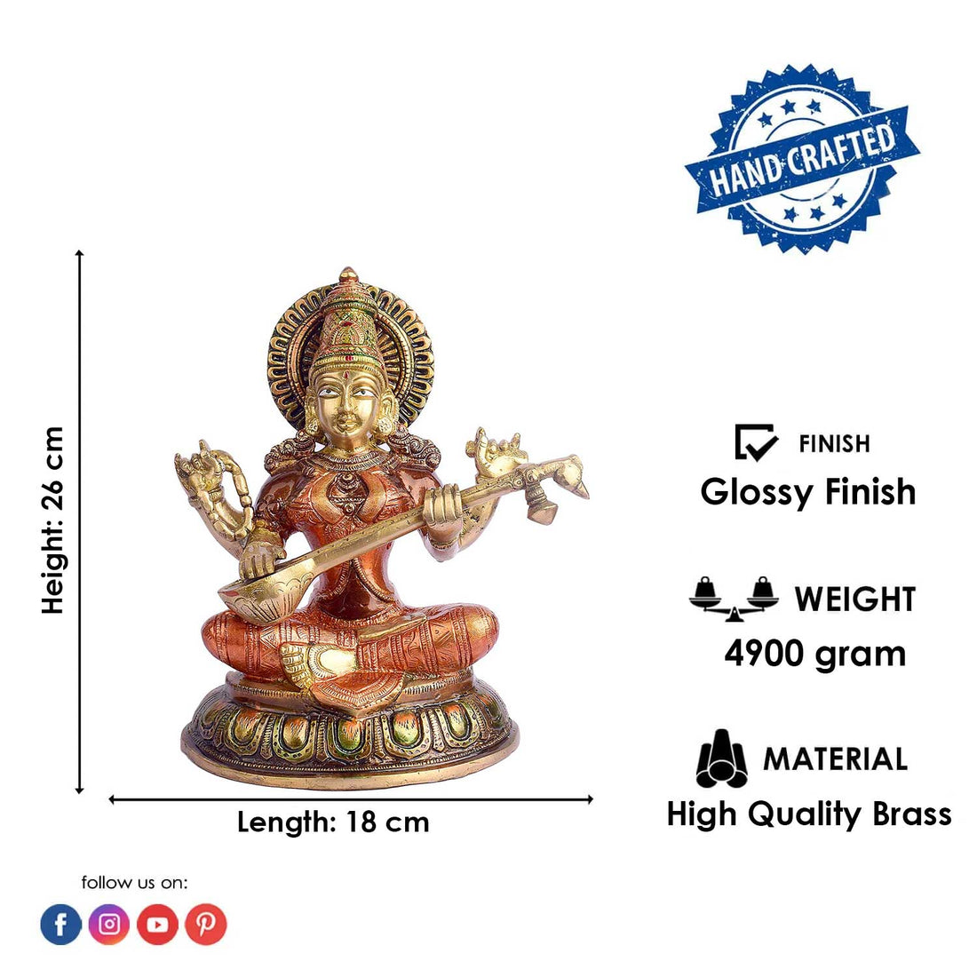 10.2 Inch Beautiful Brass Saraswati Idol | Saraswati Mata Murti