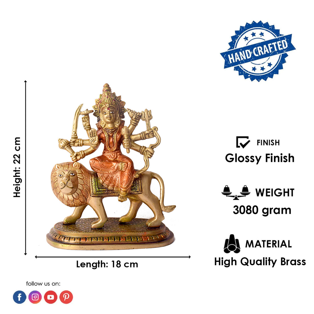 8.6 Inch Handcrafted Brass Sherawali Mata Idol