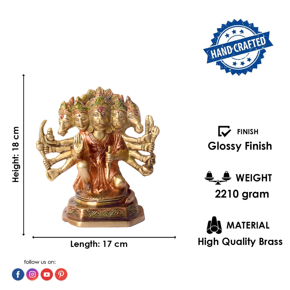 7.1 Inch Elegant Panchmukhi Hanuman Brass Statue
