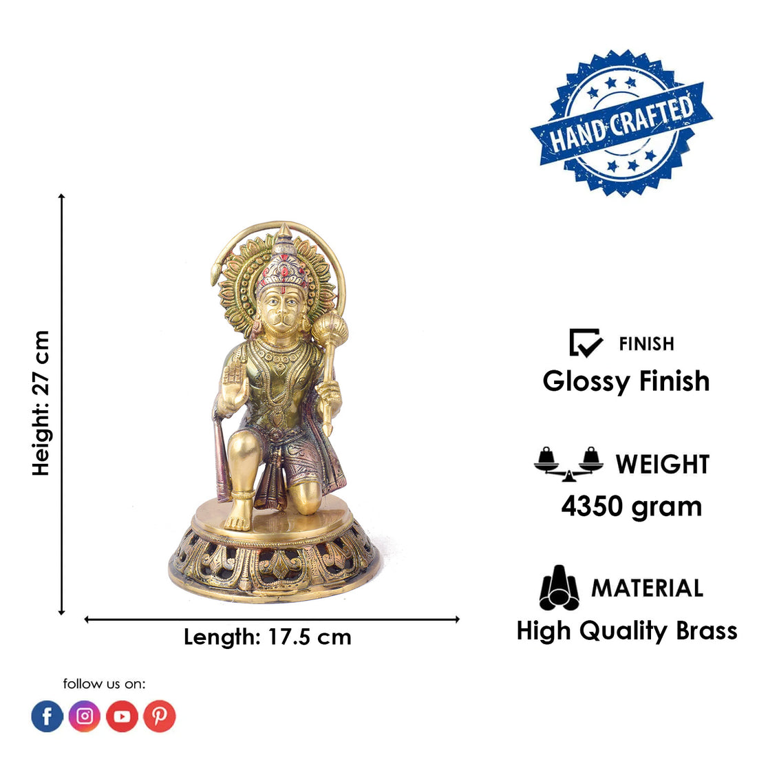 The "10.6 Inch Brass Hanuman Idol โ Protector of Courage and Faith" is a stunningly detailed representation of Lord Hanuman, the embodiment of strength, devotion, and unwavering courage.
