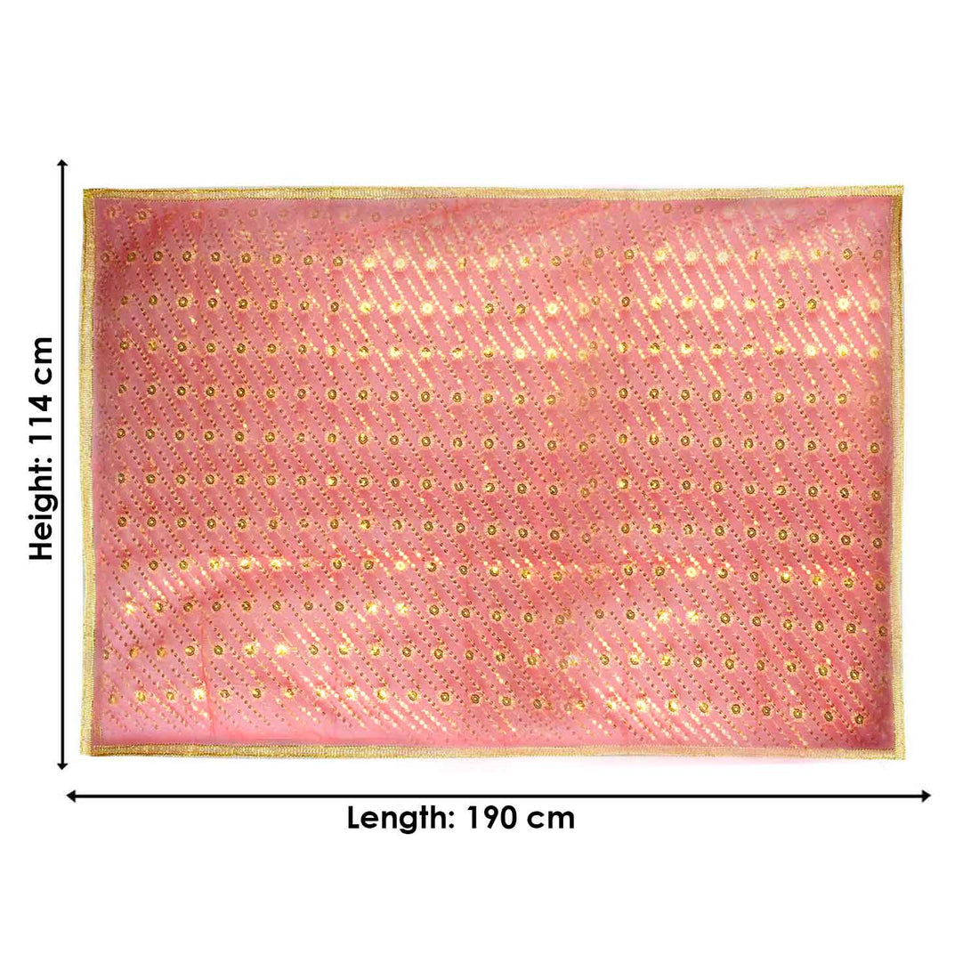 Graceful Mata Ki Chunri in a soft red-pink hue with intricate golden detailing, measuring 190 cm (75 inches) in length and 114 cm (45 inches) in height. The delicate pattern consists of small golden floral motifs arranged in diagonal rows, complemented by a shimmering gold border. This devotional chunri is ideal for temple rituals, Devi puja, Navratri offerings, and religious ceremonies.
Shop Matarani Ki Chunri, Mata Ki Chunni Online, Mata Ki Chunni Big Size, and more at Satvik Store. Find the perfect Big