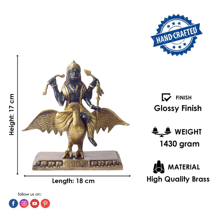 The 6.7 Inch Brass Shani Dev Idol Symbol of Justice and Protection is a beautifully crafted piece that embodies the powerful qualities of Shani Dev, the celestial deity of justice, discipline, and protection. Made from high-quality brass, this idol features Shani Dev in a detailed and commanding posture, symbolizing his ability to bring balance, fairness, and spiritual protection to those who seek his blessings.