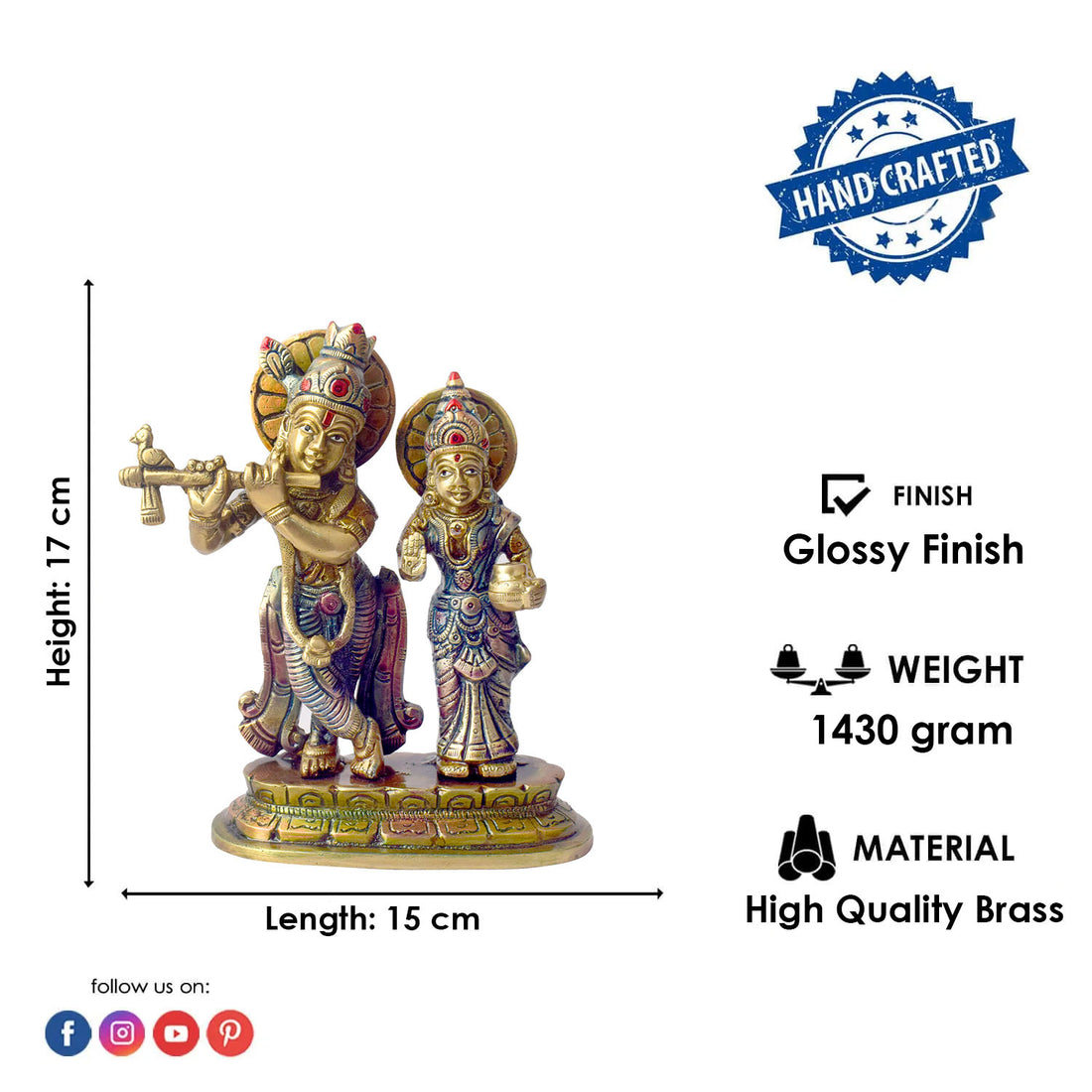 The 6.7 Inch Sacred Radha Krishna Idol – Embrace of Love and Devotion beautifully captures the divine bond between Radha and Krishna, symbolizing pure love and unwavering devotion. This intricately designed idol portrays the eternal couple in a graceful embrace, with Krishna holding his flute and Radha by his side, radiating serenity and spiritual harmony.