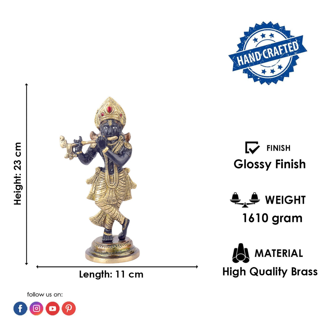 The 9.1 Inch Krishna Idol A Spiritual Icon of Joy and Devotion is a captivating representation of Lord Krishna's divine love and blissful energy. Crafted with exquisite detail, this idol showcases Krishna in a joyful and serene pose, with his flute in hand, symbolizing the music of the soul and the divine connection between the mortal and the eternal.