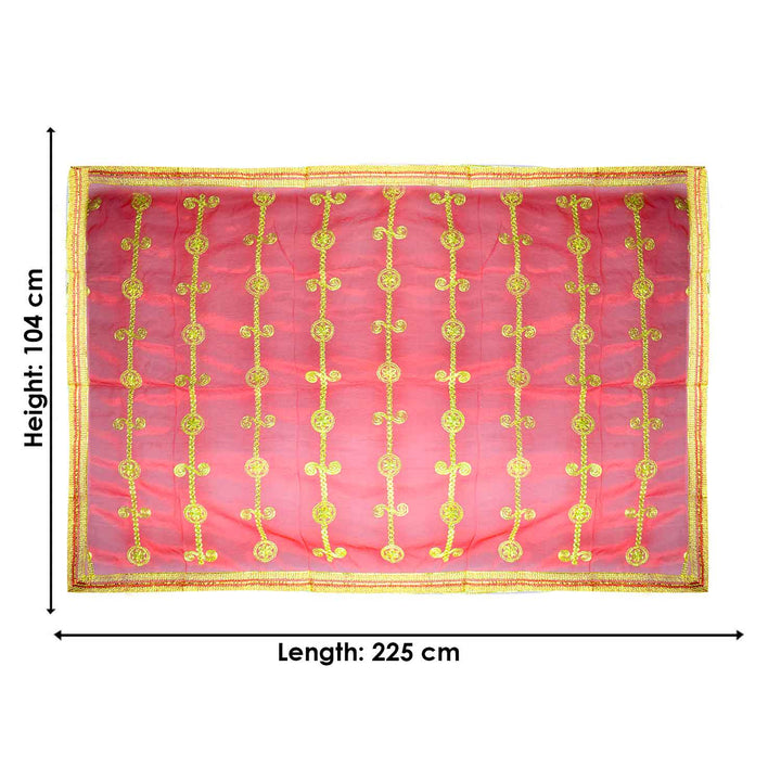 Beautiful Mata Ki Chunri with intricate golden embroidery in vertical patterns, featuring floral and swirl motifs. Measuring 225 cm (89 inches) in length and 104 cm (41 inches) in height, this Chunri is perfect for Devi puja, temple offerings, and festive occasions like Navratri and Durga Puja. The shimmering golden border enhances its divine appeal.
Shop Big Size Mata Ki Chunri, Devi Chunri for Puja, and more at Satvik Store. An ideal offering for temple rituals and sacred ceremonies