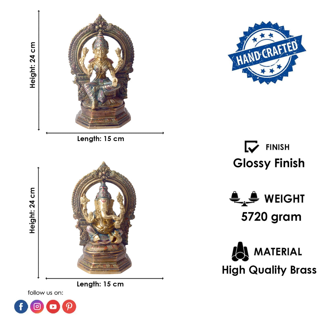 9.4 Inch Elegant Handcrafted Brass Lakshmi Ganesha Idol