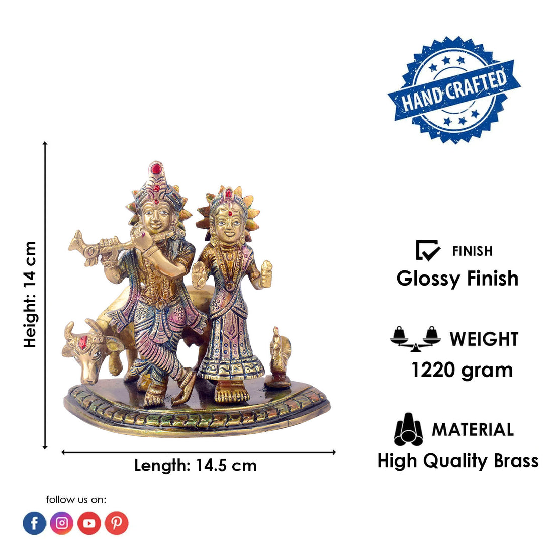 The 5.5 Inch Divine Radha Krishna with Kamdhenu Cow Idol is a captivating symbol of eternal love, harmony, and divine blessings. This beautifully crafted idol features Radha and Krishna in a serene pose, with Krishna playing his mesmerizing flute and Radha standing gracefully by his side.