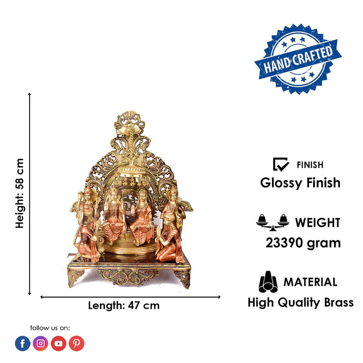Large Brass Idol of 23 Inch Elegant Brass Ram Darbar Idol. This Elegant Brass Ram Darbar Idol beautifully captures the essence of divinity and royalty. Crafted with intricate detailing, it showcases Lord Ram in a regal pose, symbolizing strength, devotion, and grace.