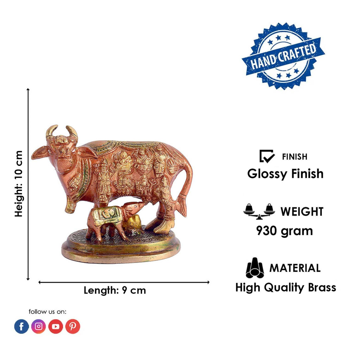 3.9 Inch Kamdhenu Cow with Calf Pure Brass Idol