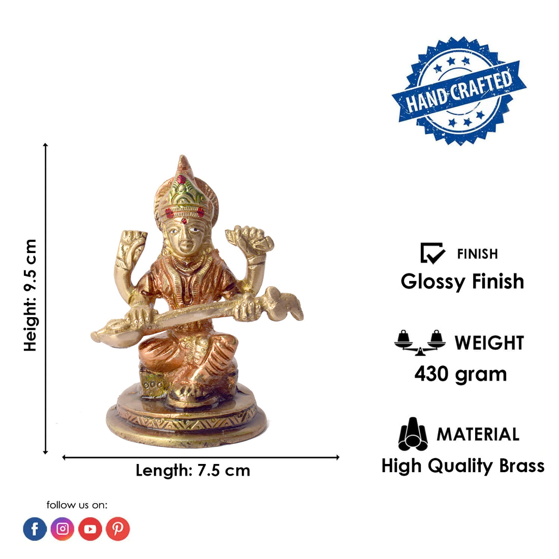3.7 Inch Exquisite Handcrafted Brass Saraswati Idol