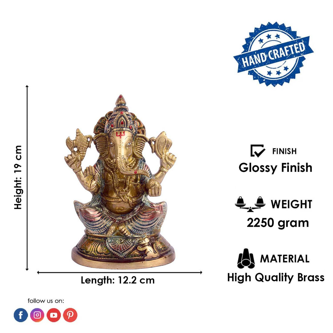 7.5 Inch Sitting Lord Ganesha Pure Brass Idol
