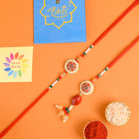 Designer Couple Rakhi Set for Bhaiya and Bhabhi with Roli Chawal and Ram Sita Stickers β Raksha Bandhan Gift Combo. Indiaβs Largest Brass Idols Brand - www.satvikstore.in